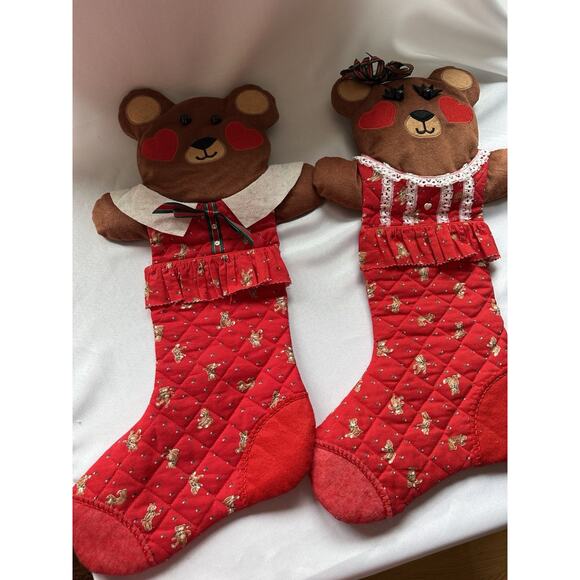 Set of Two Vintage Christmas Stocking 3D Teddy Bear Plush Red Country 21" Tall - Picture 1 of 7